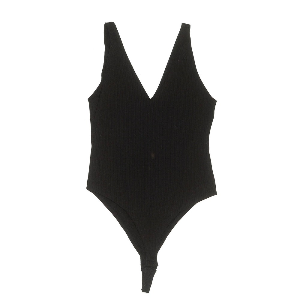 GB Womens Black Ribbed V-Neck Sleeveless Thong Bodysuit Size L classic basic